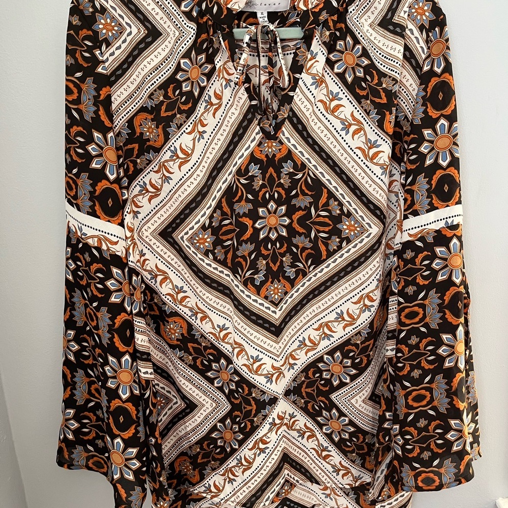 Fever‎ Cream and Brown Tie Front Long Sleeve Blouse